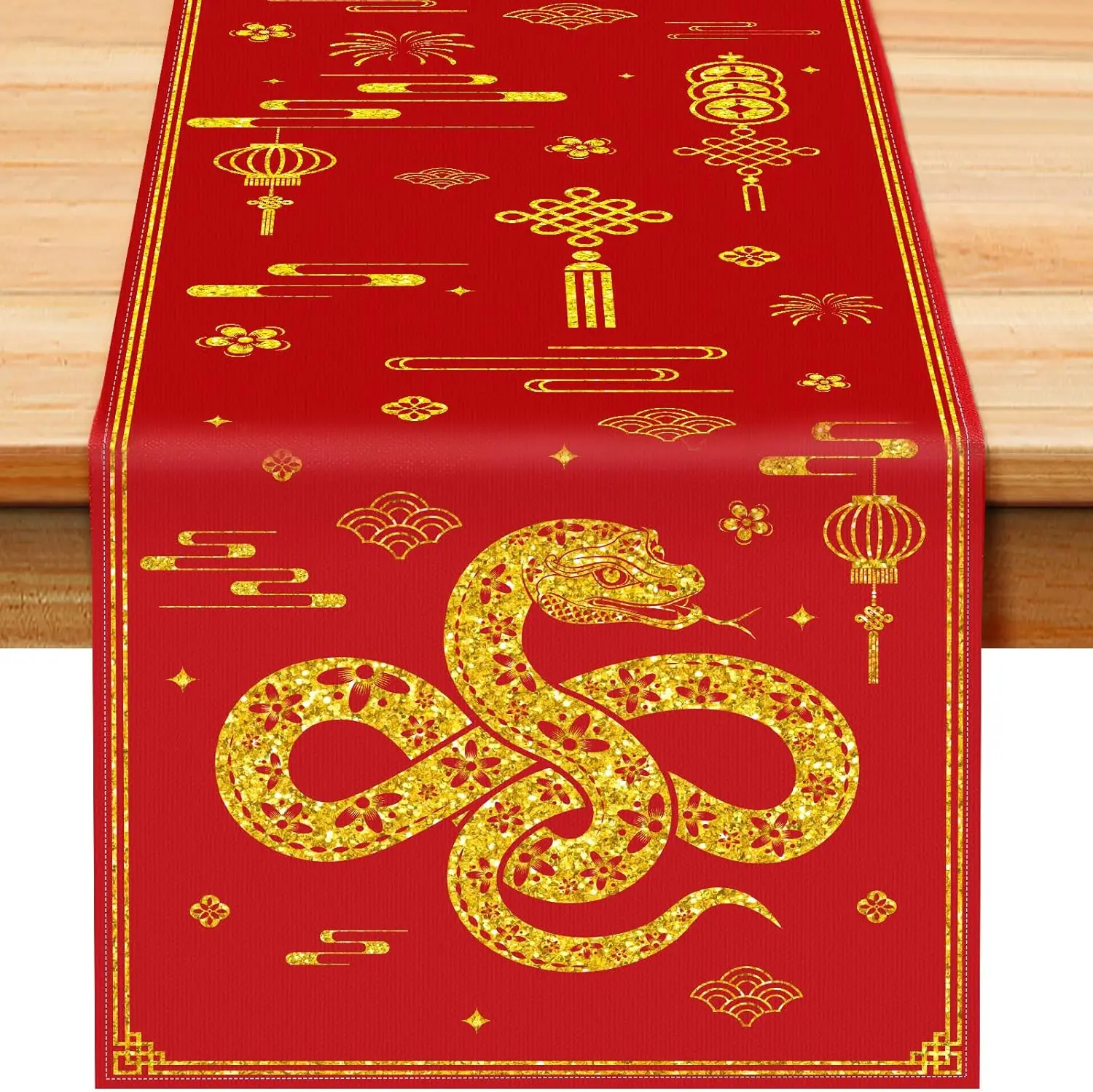 2025 Chinese Happy New Year Linen Table Runner Red Snake Table Decor Spring Festival Table Runners for Home Party Dining Decor