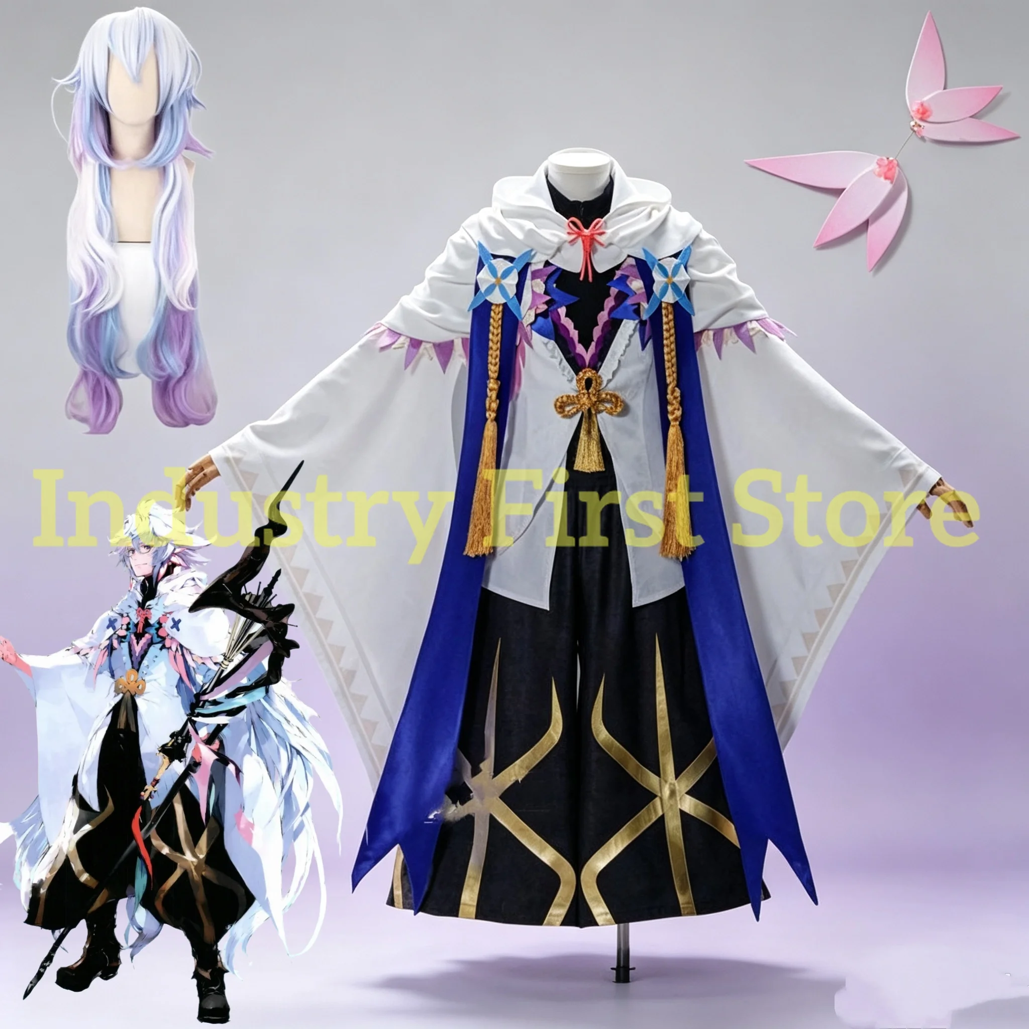 Fate Fgo Merlin Ambrosius Cosplay Grand Order Caster The Flower Magician Costume Wig and Unifrom Accessories for Comic Con