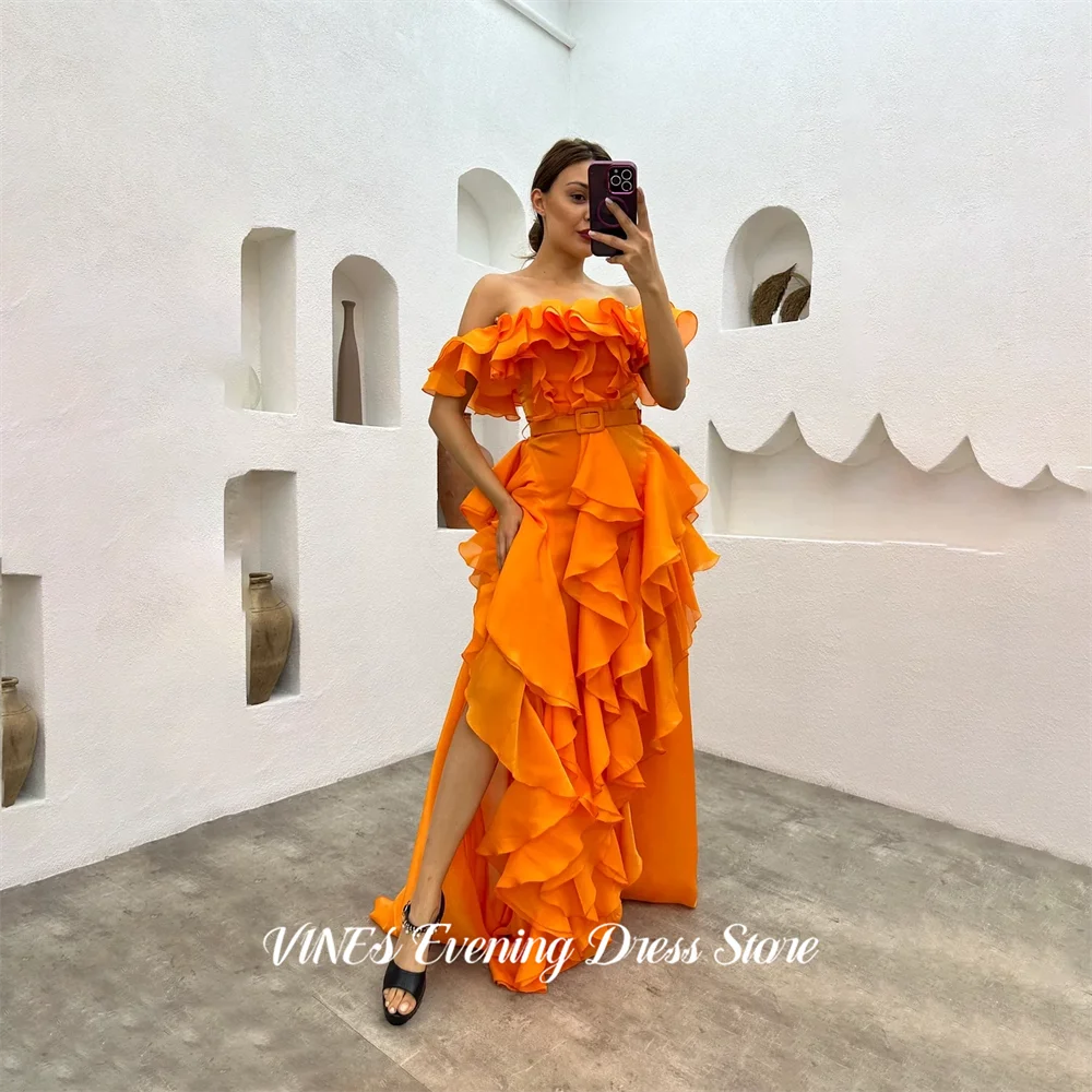 

VINES Orange Prom Dress Off Shoulder Chiffon Formal Dresses Tiered Ruffle Party Dresses with Belted Waist Gala Dress Customized
