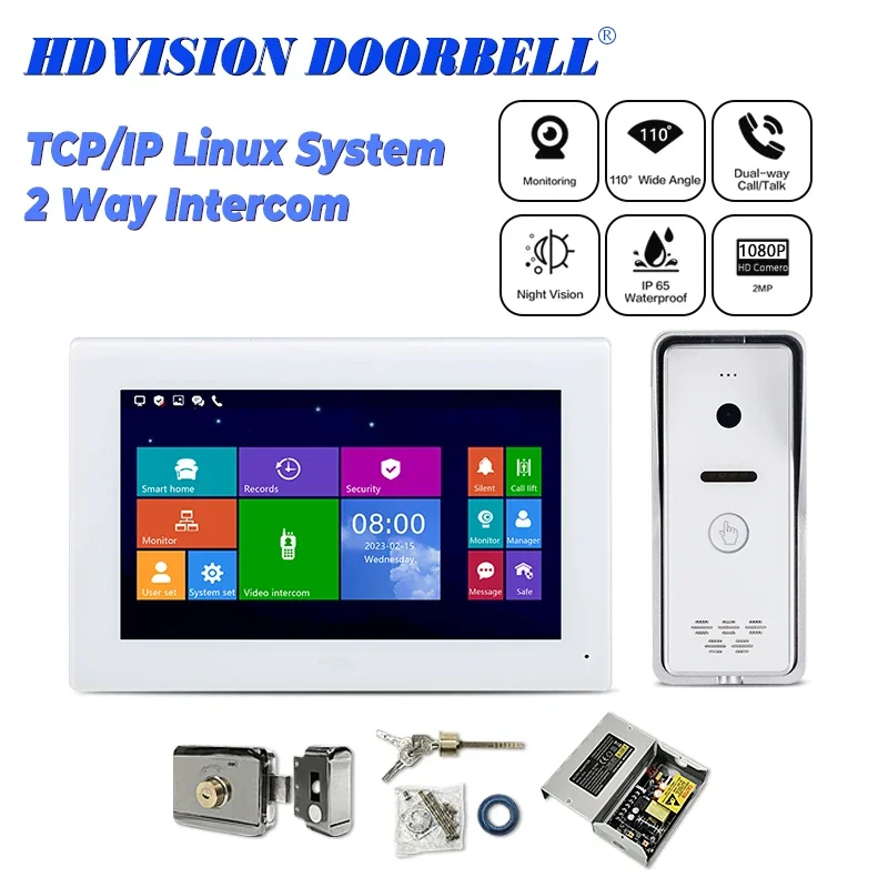 

TCP/IP Protocal RJ45 Doorbell Villa House 7 Inch Intercom Kit Smart Doorbell Security Door Access Control with Lock