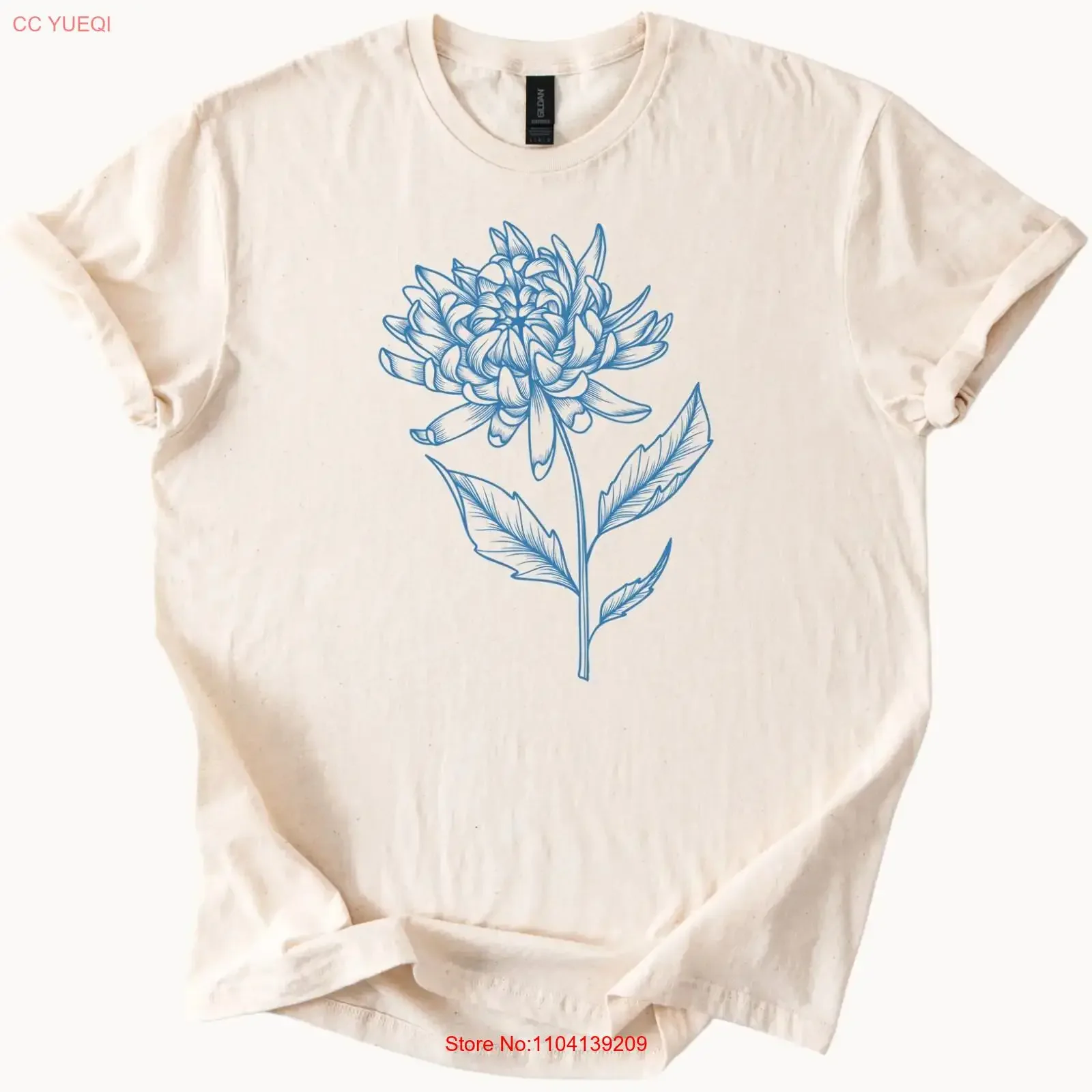 T-shirt à motif de chrysanthème bleu, haut floral vintage délavé, légèrement polyvalent, vêtements de créateur, graphique, décontracté, respirant