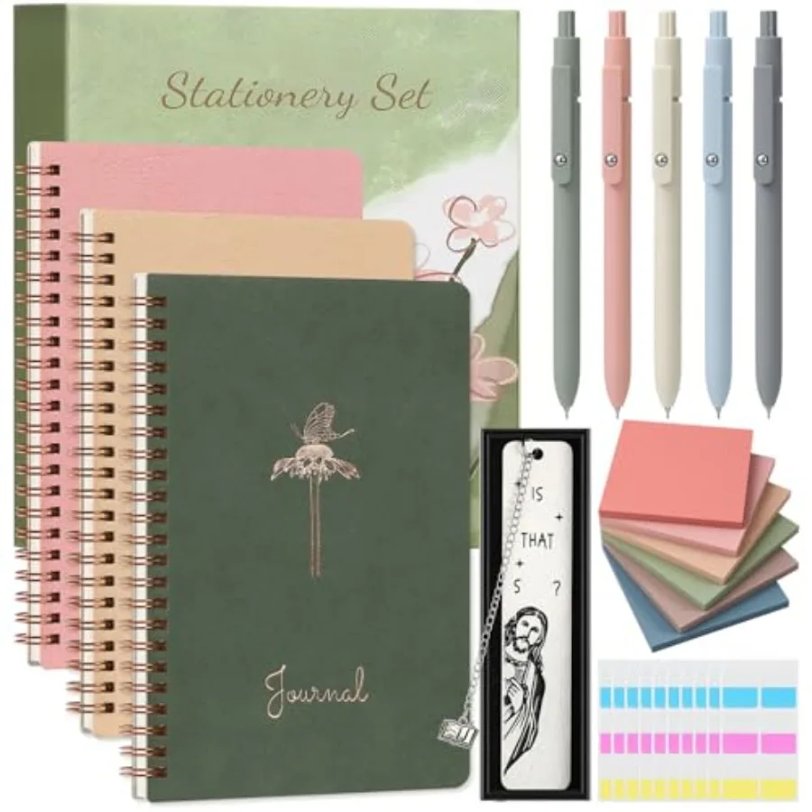

Stationery Set for Women, Journaling Kit, 3PCS A5 Spiral Notebooks, Gel Pens, Steel Bookmark, Sticky Notes and Tabs, Gift Box -