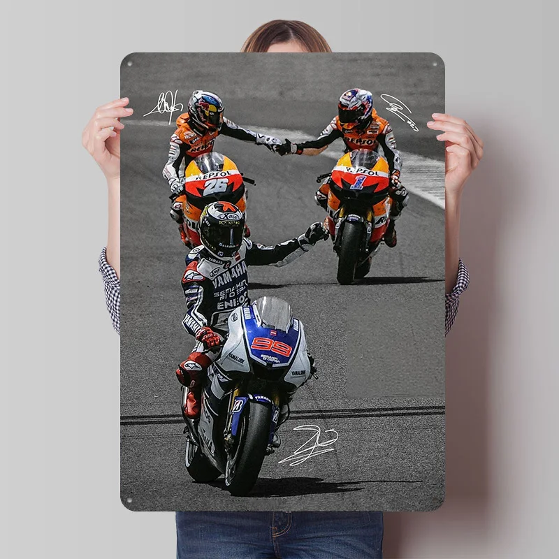 Casey Stoner Vs Dani Pedrosa Vs Jorge Lorenzo Tin Sign Wall Art Poster Vintage Metal Signs for Man Cave Decoration Corner Coffee