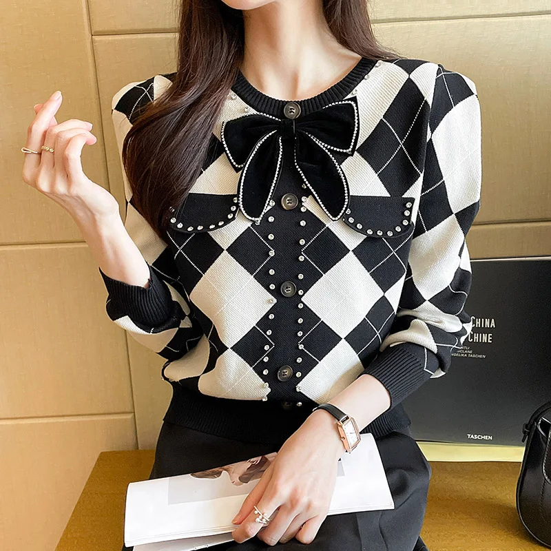 2023 Autumn Winter New Korean Style Round Neck Bow Thickened Sweater Women Clothing Fashion Knit Top