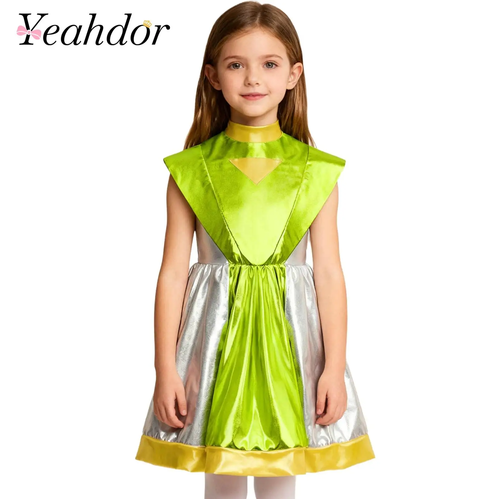 Disfraz de Alien para Halloween para niñas, disfraz de astronauta del espacio exterior, vestido metálico brillante, disfraz de mascarada para juego de rol