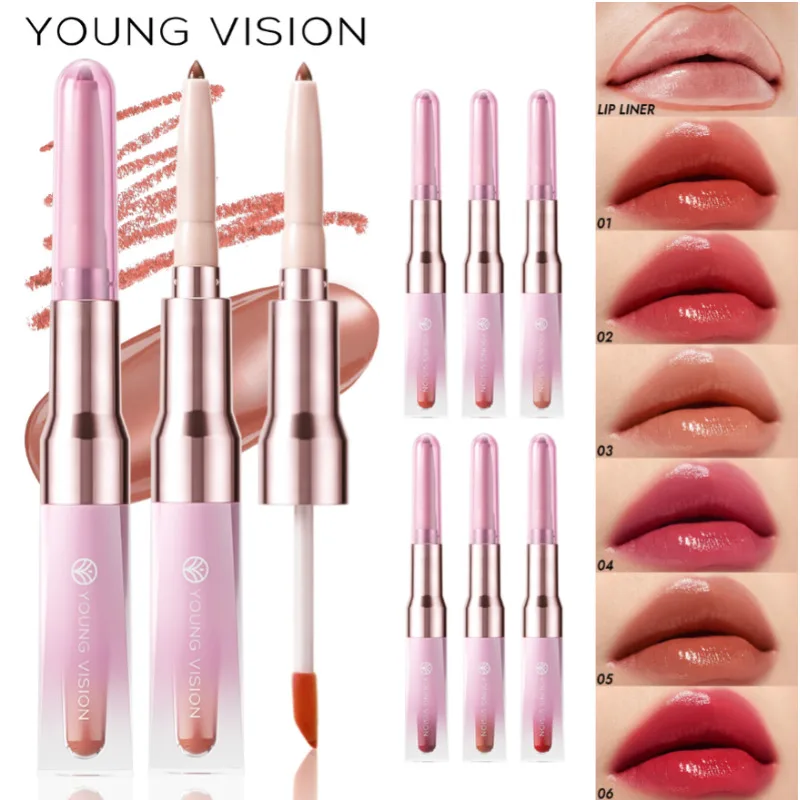 Dualended Lip Liner Mirror Lip Glaze Outlining Lip Gloss อเนกประสงค์รูปร่างริมฝีปากแบบเต็มดูเดิล