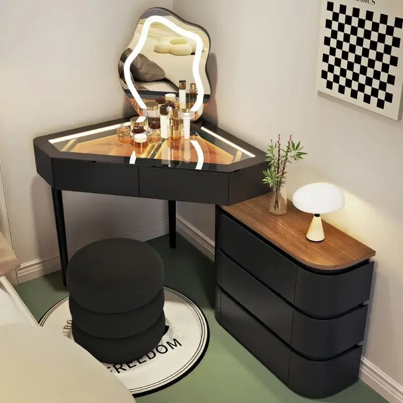 Corner Modern Makeup Vanity Set with Large Storage Dressing Table with Light Moirror Drawers Glass Top and Shelves for Women