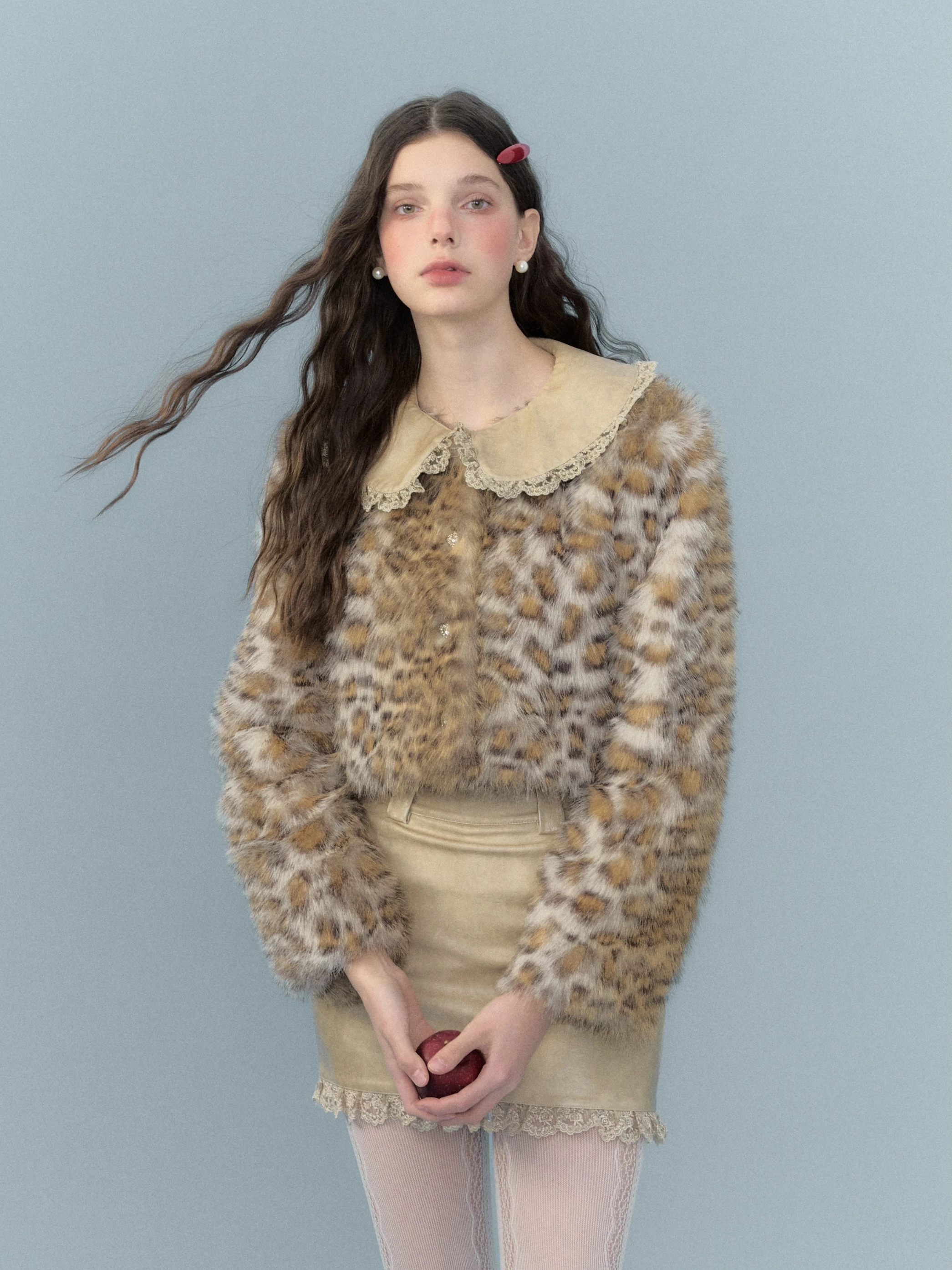 

Оригинальный RunRunSweet молочный леопардовый узор, кружевной кукольный воротник, кожаное шуба Jaet, комплект с юбкой, Sweet Sle