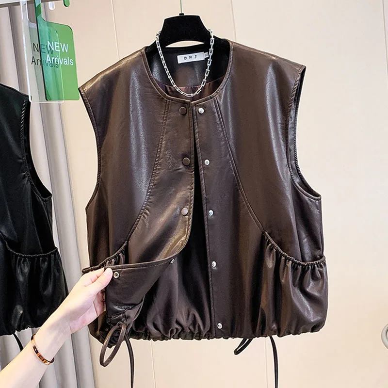 Chaleco de Cuero Sintético para Mujer, Estilo Motero Clásico, Prenda Elegante sin Mangas, Corto, Estilo Y2K 2026
