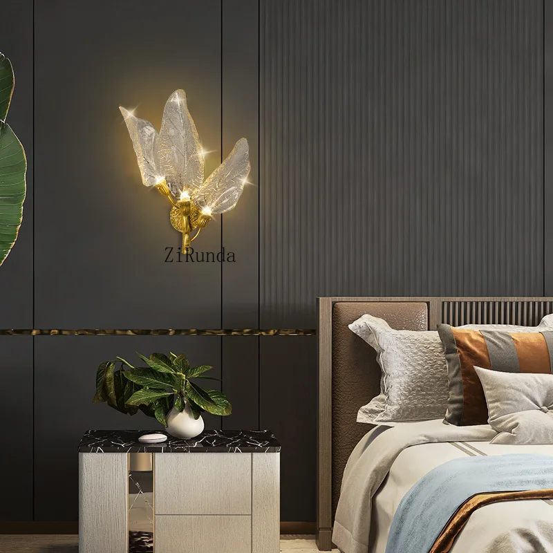 Post-modern light luxury all-copper leaf wall lamp, simple modern background wall decorative lamp, creative personality