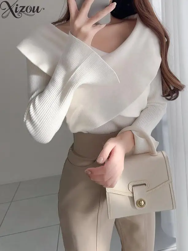 

2025 японские корейские вязаные топы с крестом и v-образным вырезом, женские зимние, весенне-осенние облегающие пуловеры с открытыми плечами и длинными рукавами для пикантных девушек