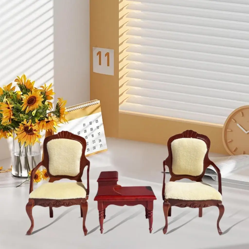 3 Pieces 1:12 Scale Wooden Doll House End Table and Armchairs Miniature Living Room Set Simulation Life Scene Mini Furniture