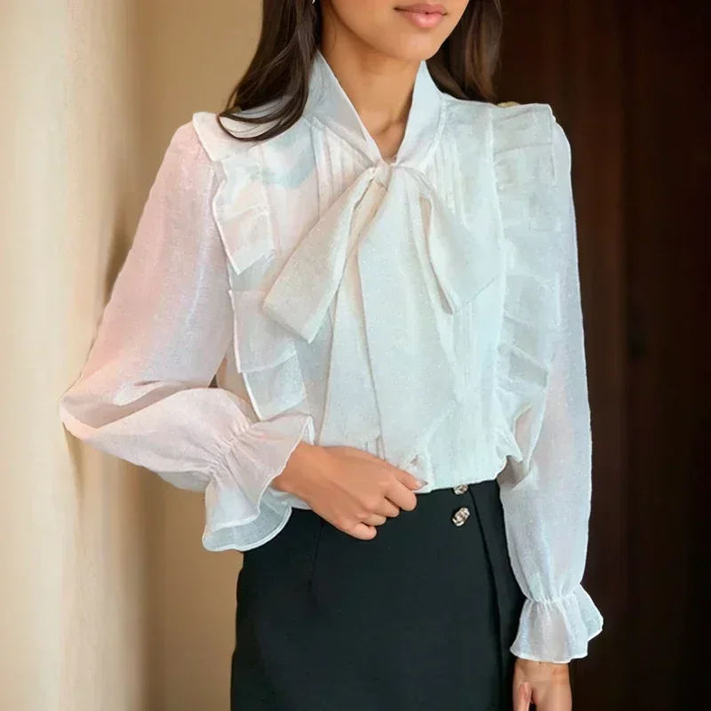 

Long Sleeve Bow Collar Shirt Fashion Women Ruffled Lace Blouse Women Korean Slim Chiffon Tops Simple Lady Blusas Elegant 29933