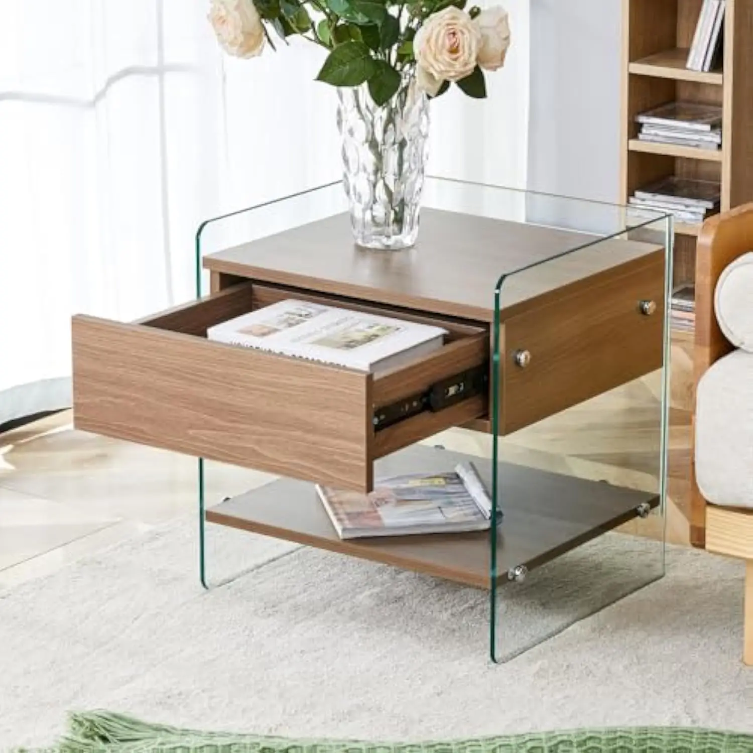 

Modern Glass Coffee Table with Drawer, Round Side Table with Storage for Living Room & Bedroom, MDF + Tempered Glass, Minimalis
