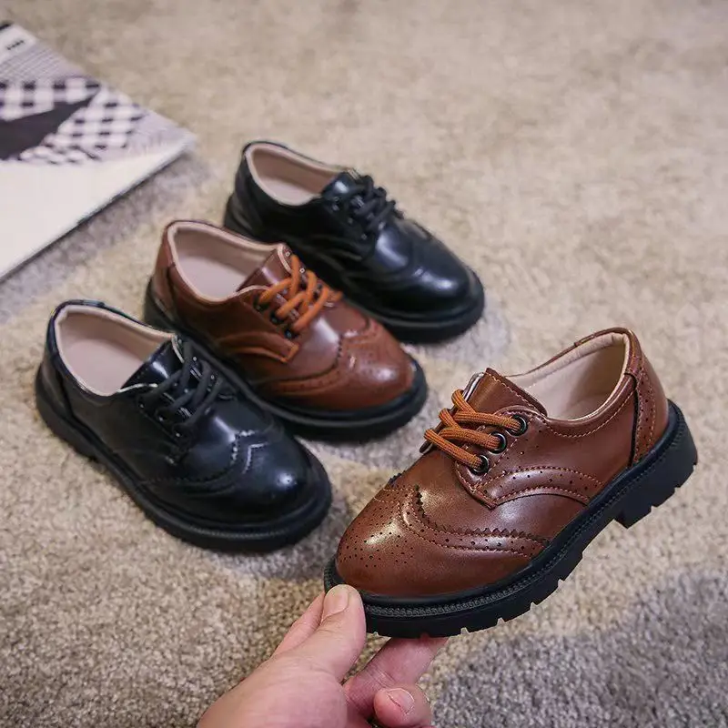 Kids Formal Shoes Little Boys Girls Autumn Fashion Lace-Up PU Leather Non-Slip Rubber Sole Uniform Shoes for Wedding Party