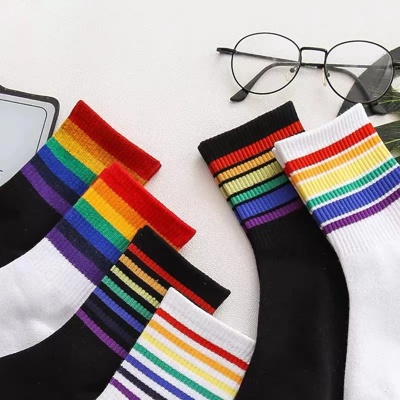 

1 Pair Unisex Sripes Mid Women Socks Rainbow Color Harajuku 100 Cotton Breathable Socks Kawaii Ins Happy Funny Socks Size 35-42