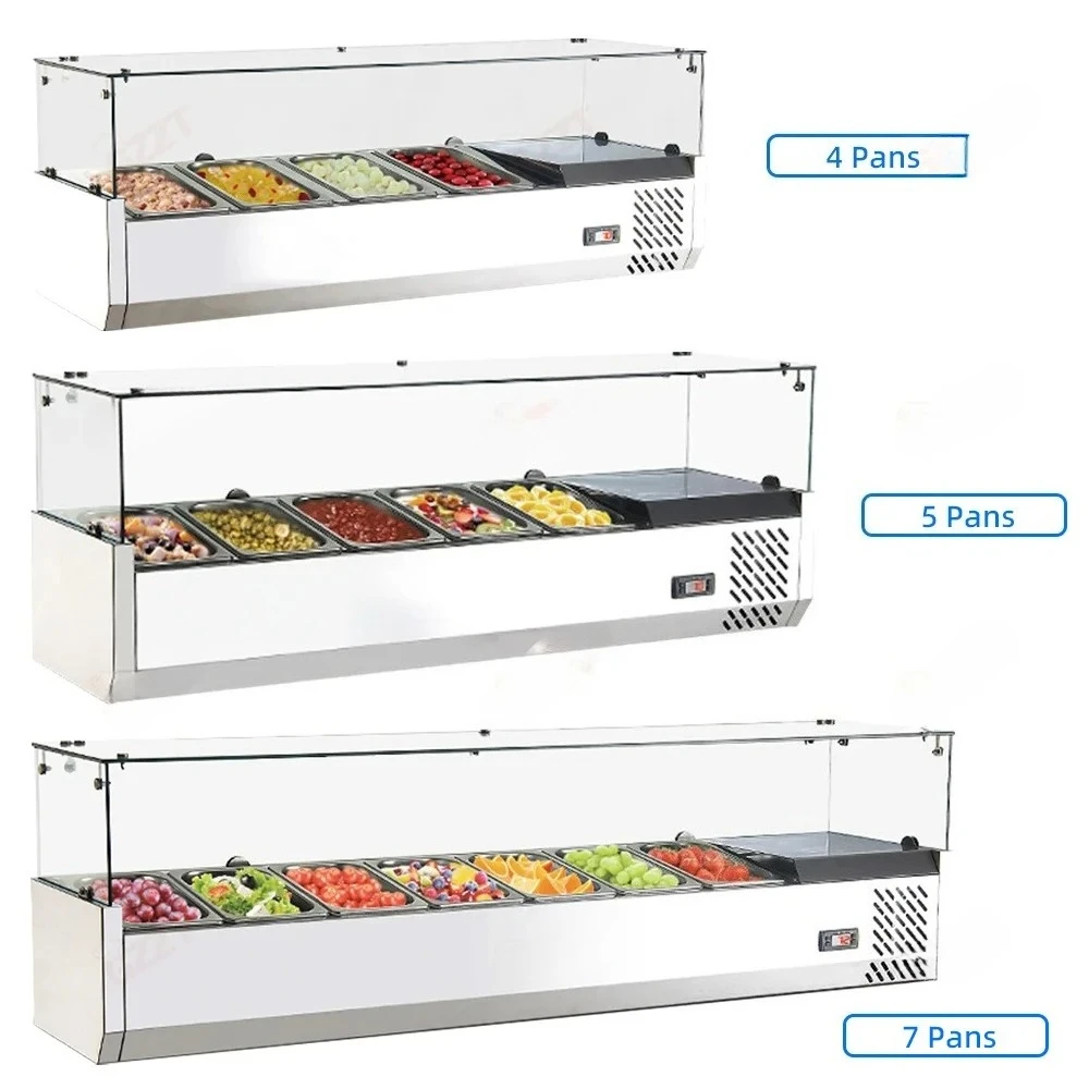 7*GN Pan Commercial Transparent Glass Cover Counter Sandwich Pizza Salad Pre Table Cooling Display Showcase Cabinet Refrigerator