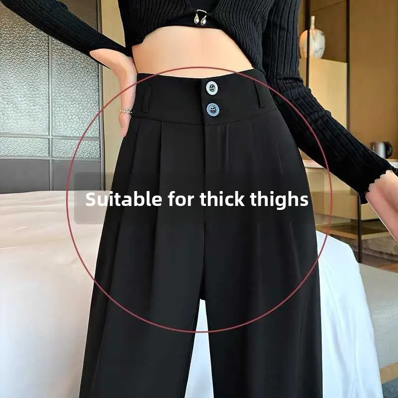 Black Slim Wide Leg Pants Women's Summer Thin High Waist Draped Straight Floor-Length Slimming Short Stature Suit Pants