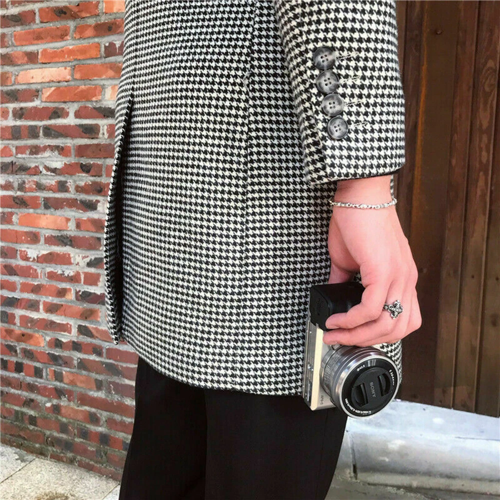 2024 Houndstooth Winter Men Coat Single Breasted Tweed Woolen Overcoat Slim Fit Groom Blazer Hombre Suits Tuxedo Custom Made