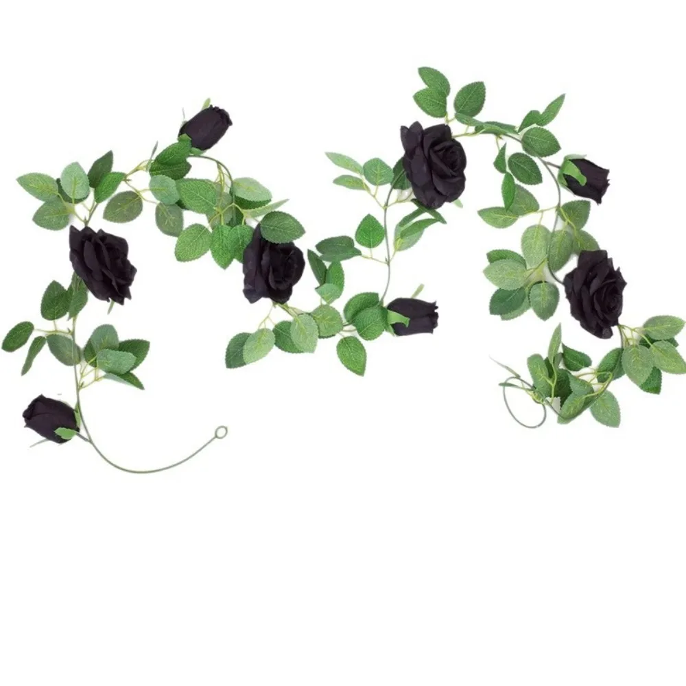 200cm enredaderas de rosas de Halloween flores simuladas enredaderas de rosas artificiales negras guirnalda de Halloween realista hecha a mano chimenea frontal