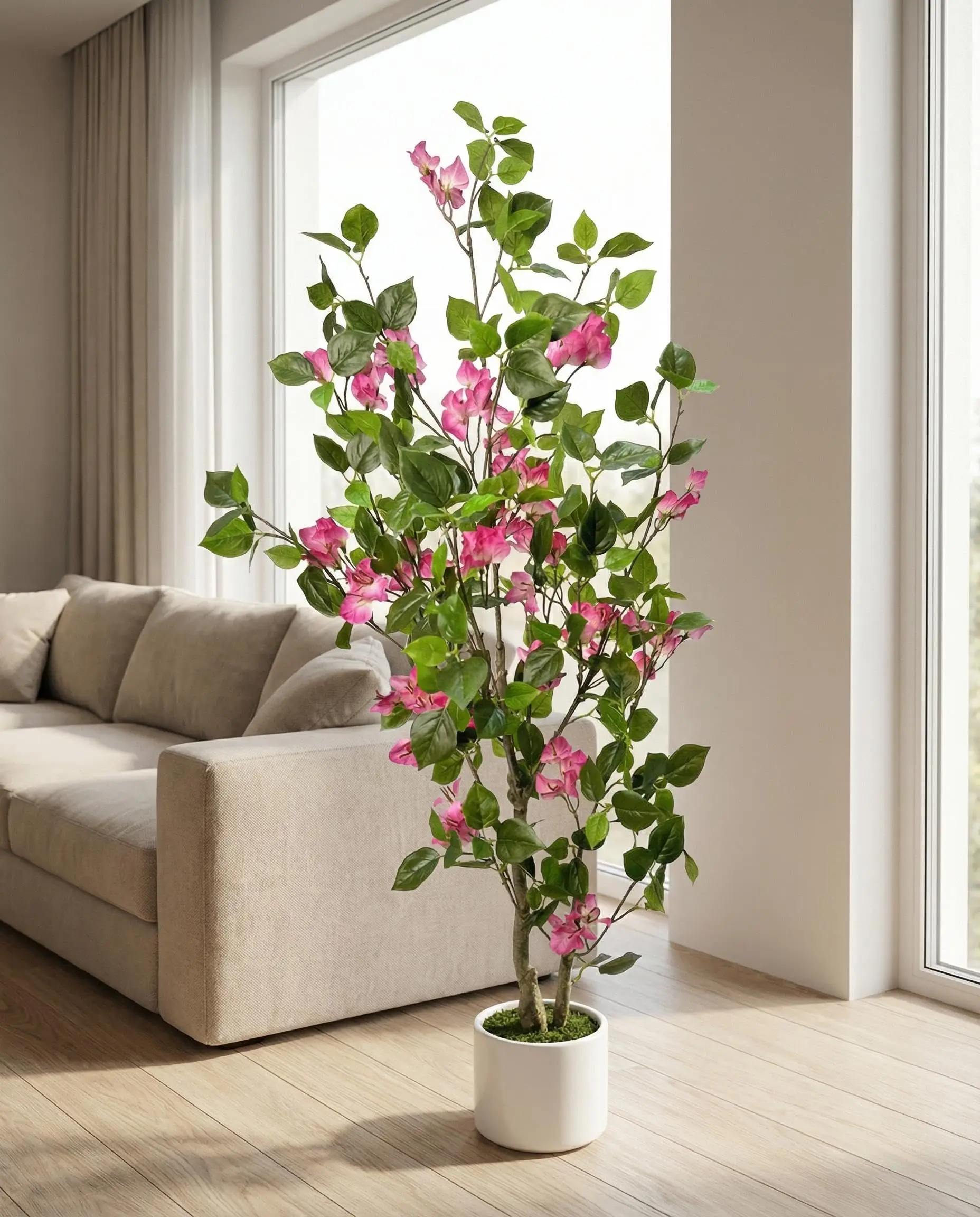 

4/5/6 FT Lifelike Artificial Bougainvillea Tree with Flowers, Tall Faux Flower Potted Plant with Planter, Decorative Greenery
