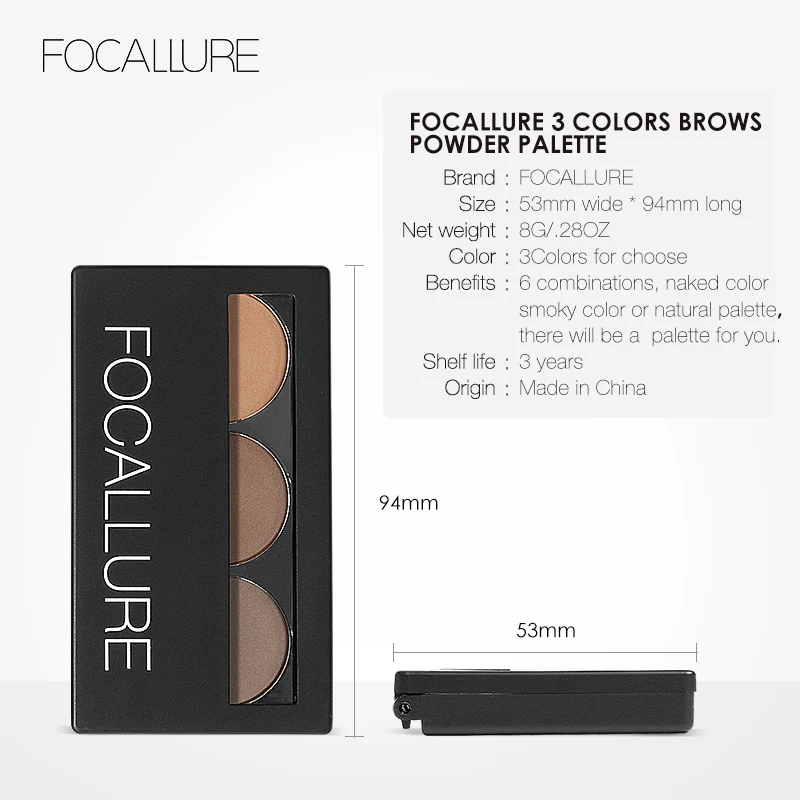 Focallure-防水アイブロウパウダーパレット、眼鏡フォーム、長持ち、眉毛シェード、着用が簡単、化粧品、3色