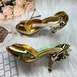 Gold Metallic Rose Heel Slippers Women Luxury Peep Toe Metal Flower Leather High Heels Gorgeous Slipper Party Showy Trendy Shoes