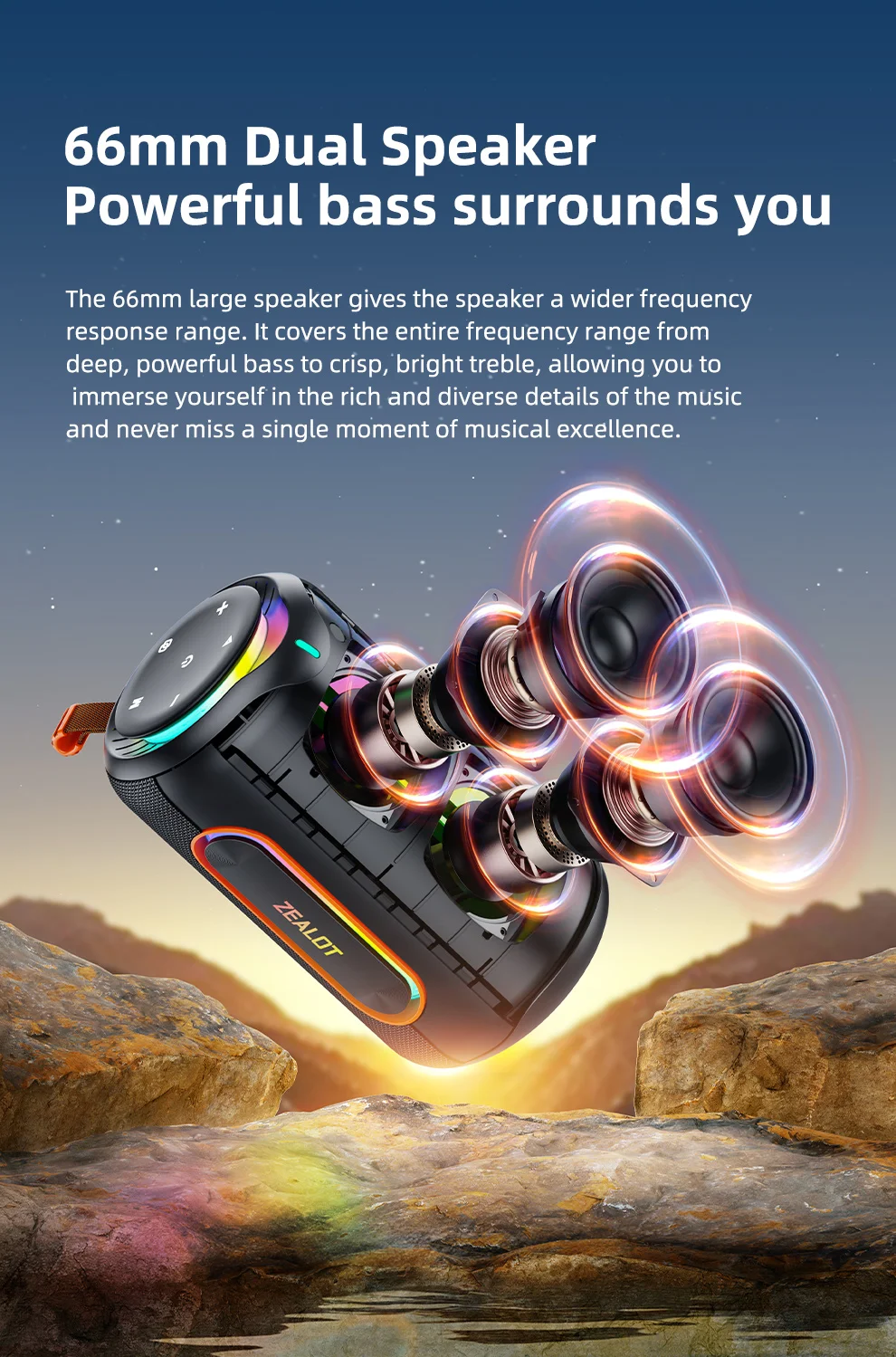 ZEALOT-MP1 Bluetooth-Lautsprecher für den Außenbereich, 60 W Ausgangsleistung, Bluetooth 5.3-Lautsprecher, Stereo-Sound, IPX6 wasserdicht, Micro-SD-Karte, RGB-Licht – Detail 3
