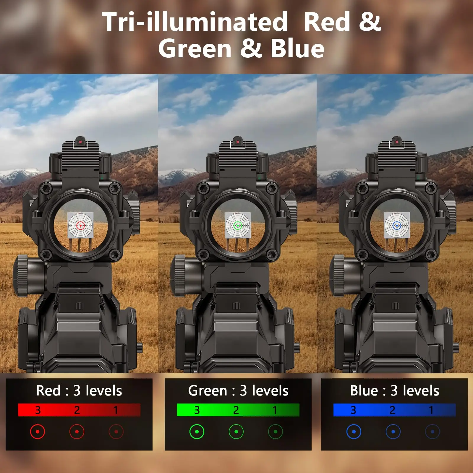 MIDTEN Rifle Scope 4x32 Prism Tactical Red & Green & Blue Illuminated Reticle Scope with Fiber Optic Sight