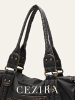 Vintage Washed PU Leather Large Capacity Tote Zip Pockets Braid Decor Shoulder Cross body Bag Unisex Women Daily Travel Handbag - Image 2