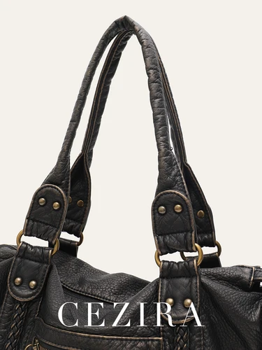 Imagen 2 del producto Bolso de mano Vintage de piel sintética lavada de gran capacidad con bolsillos y cremallera, decoración trenzada, bolso cruzado de hombro, bolso de viaje diario Unisex para mujer