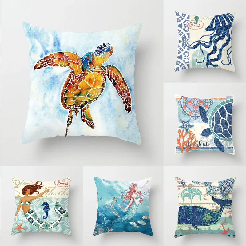 Mermaid Sea Turtle Printing Throw Pillow Case Cover Sea Horse Mermaid Decorative Pillowcases Octopus Pillow Case Cover