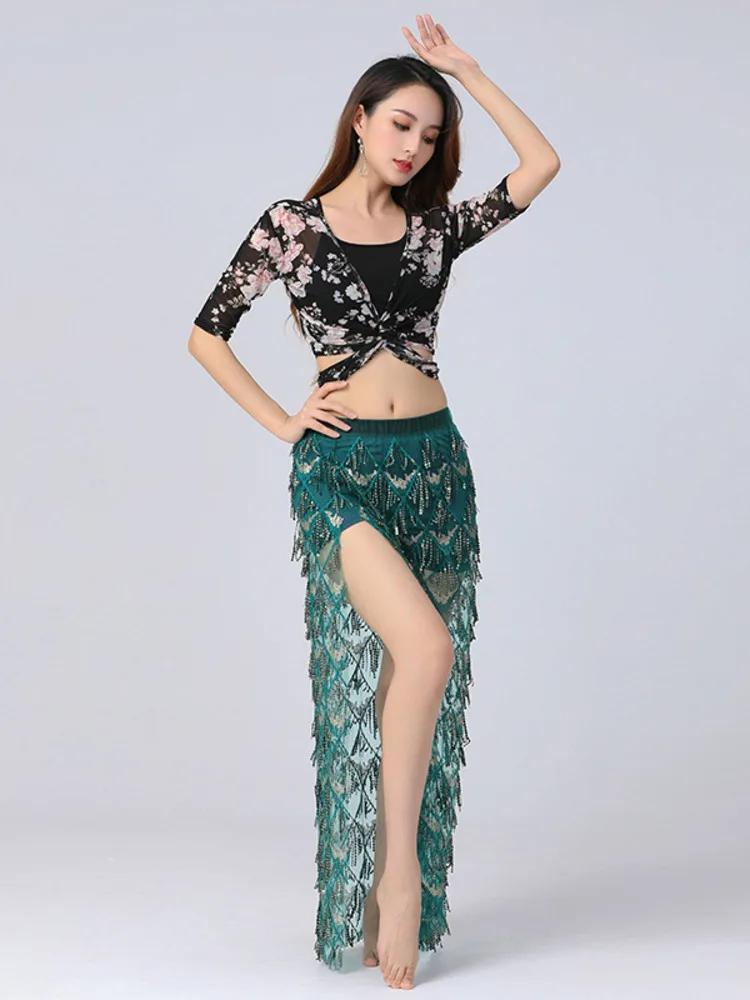 Leopard Gypsy Adult Costume Jazz Stage Arab Dance Clothes Woman Latin Elegant Flamco Belly Top Classical Sequins Split Skirt