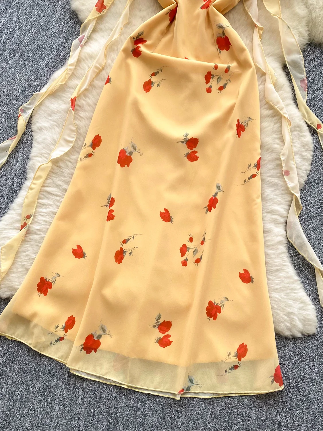 Vestido amarillo con estampado Floral y cuello ter para mujer, vestido Midi adeazante de corte en A, vestido de manga co...