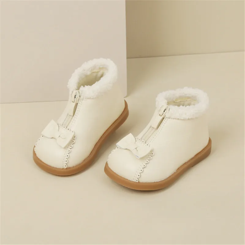 2023 New Autumn/Winter Baby Boots  Leather Butterfly-knot Girls Princess Shoes Zip Soft Sole Fashion Toddler Girls Boots