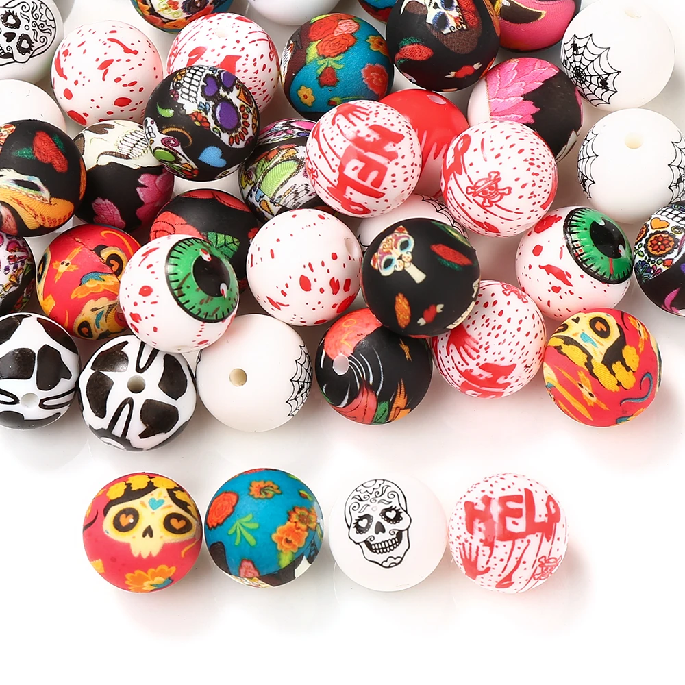 10Pcs Fashion Silicone Beads 15mm Round Halloween Print Focal Bead DIY Handmade Necklace Bracelet For Jewelry Making Accessories