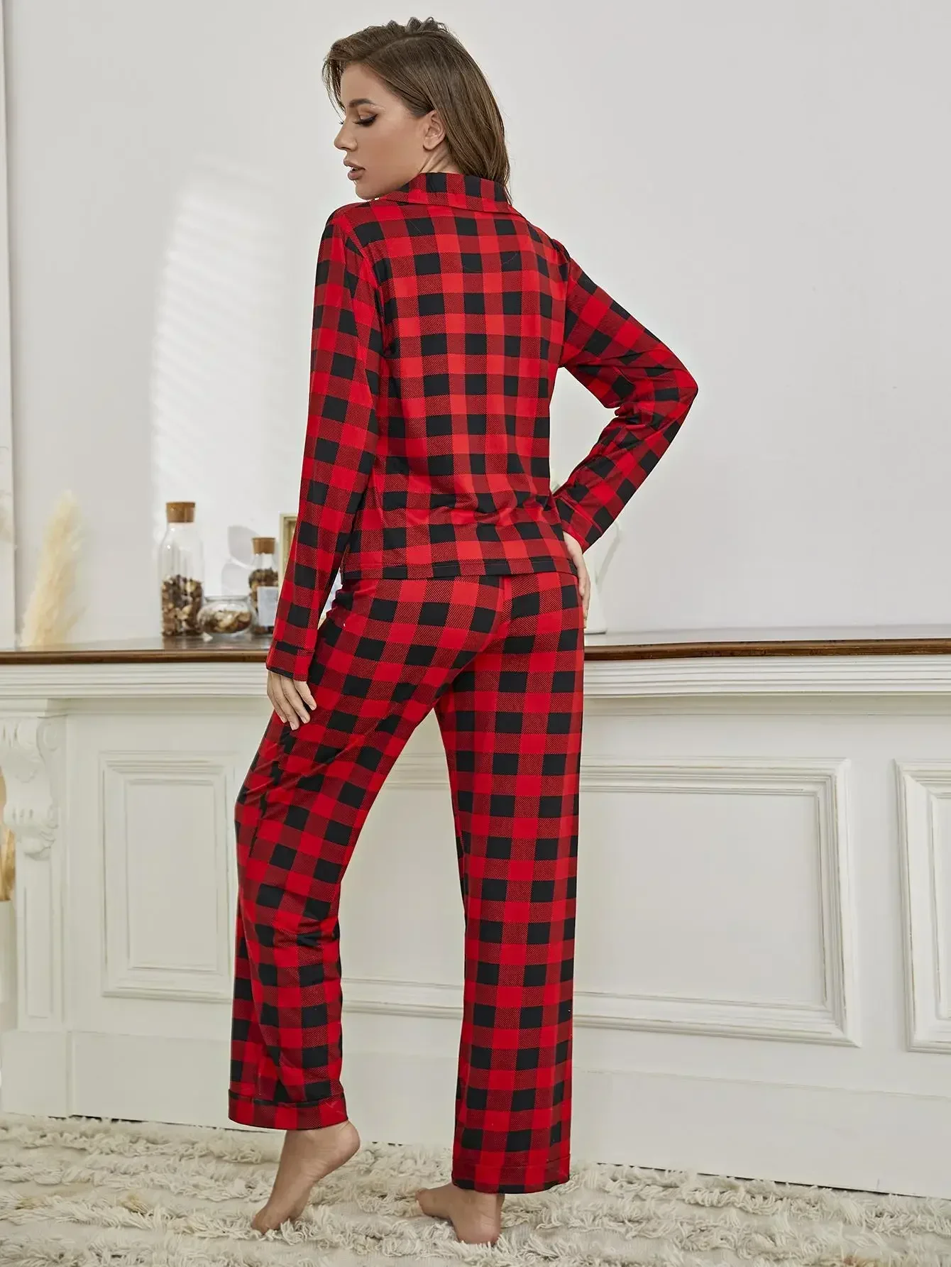 Red Plaid Pajamas Set Woman Button Cardigan Shirt Pants Pyjamas Women Nightwear Autumn Long Sleeve Sleepwear Christmas Pajamas