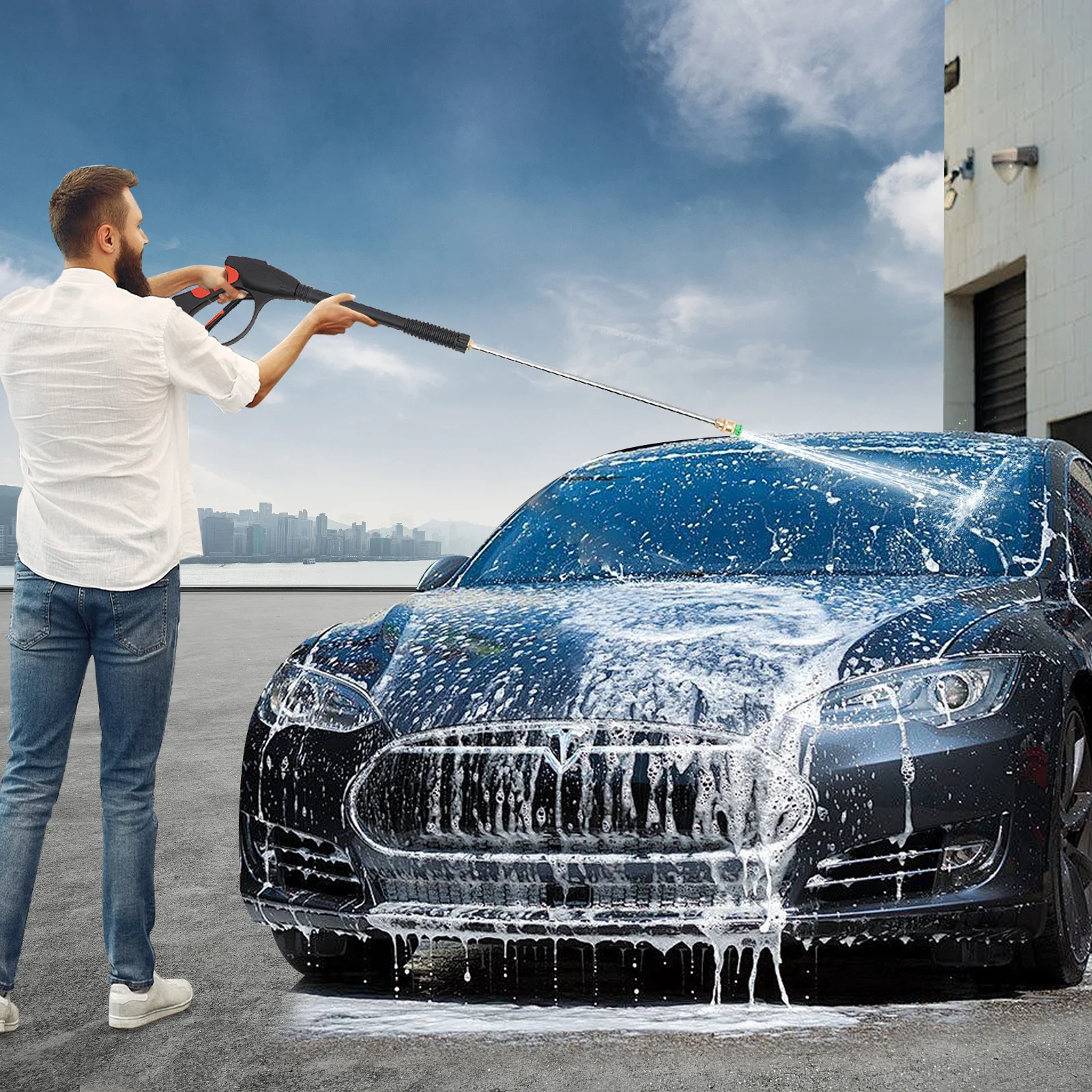 3000PSI高圧洗浄機ガン 電動コードレス高圧洗浄機 5種類のノズルチップと26フィートホース付き 車両洗浄用