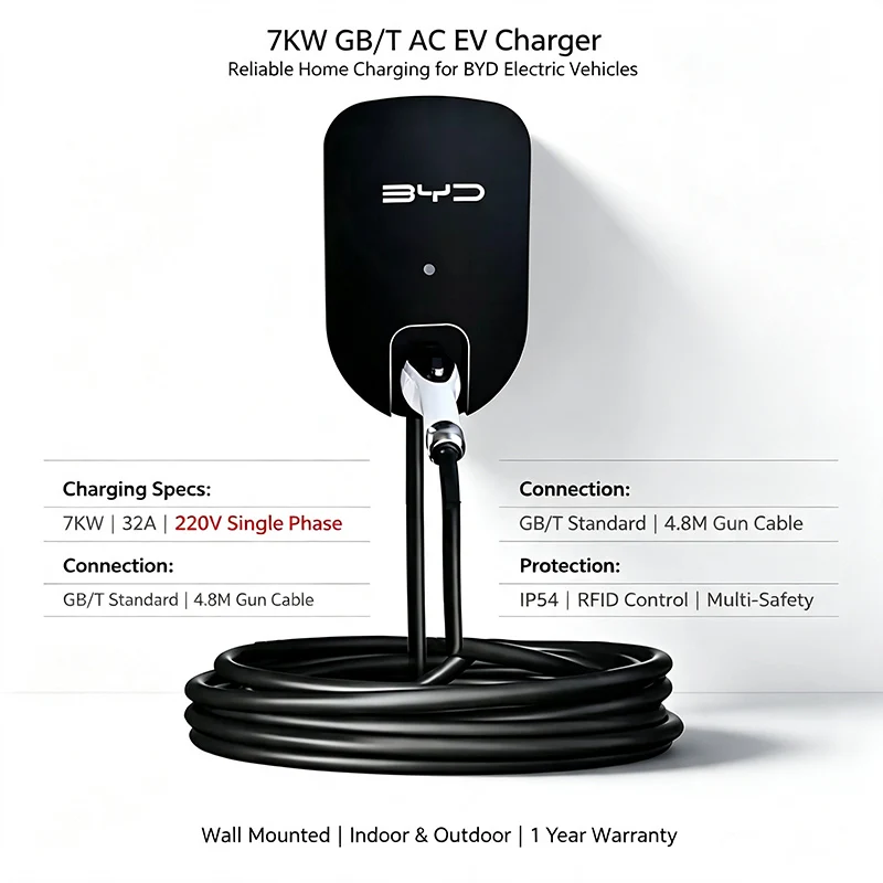 7KW 32A GB/T AC EV Charging Station Wall Mounted EV Wallbox RFID Card Swipe Charger 4.8m Gun Cable IP54 Waterproof For BYD