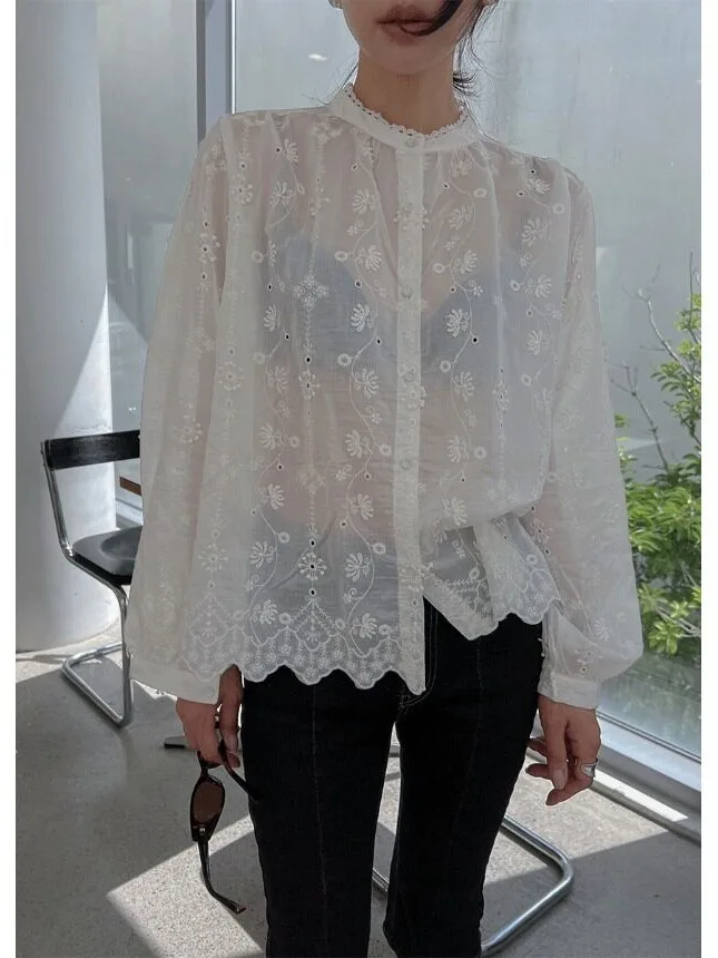 Korean Style Lace Embroidery Bubble Sleeve Shirt Women's New Autumn Fashion Semi-Transparent Layering Top Cotton Polyester