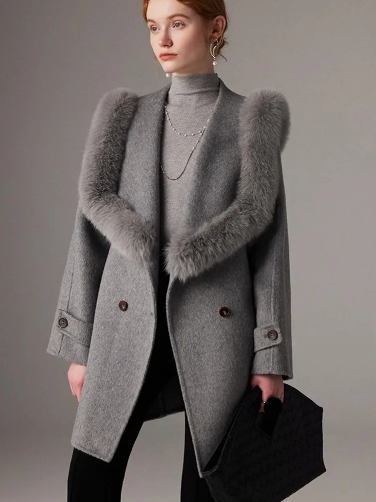 Winter Women Double Sided Woolen Coat Luxury Fox Fur Collar Office Lady Work Belted Mid Long Woolen Blends Jacket Cloak Outwear