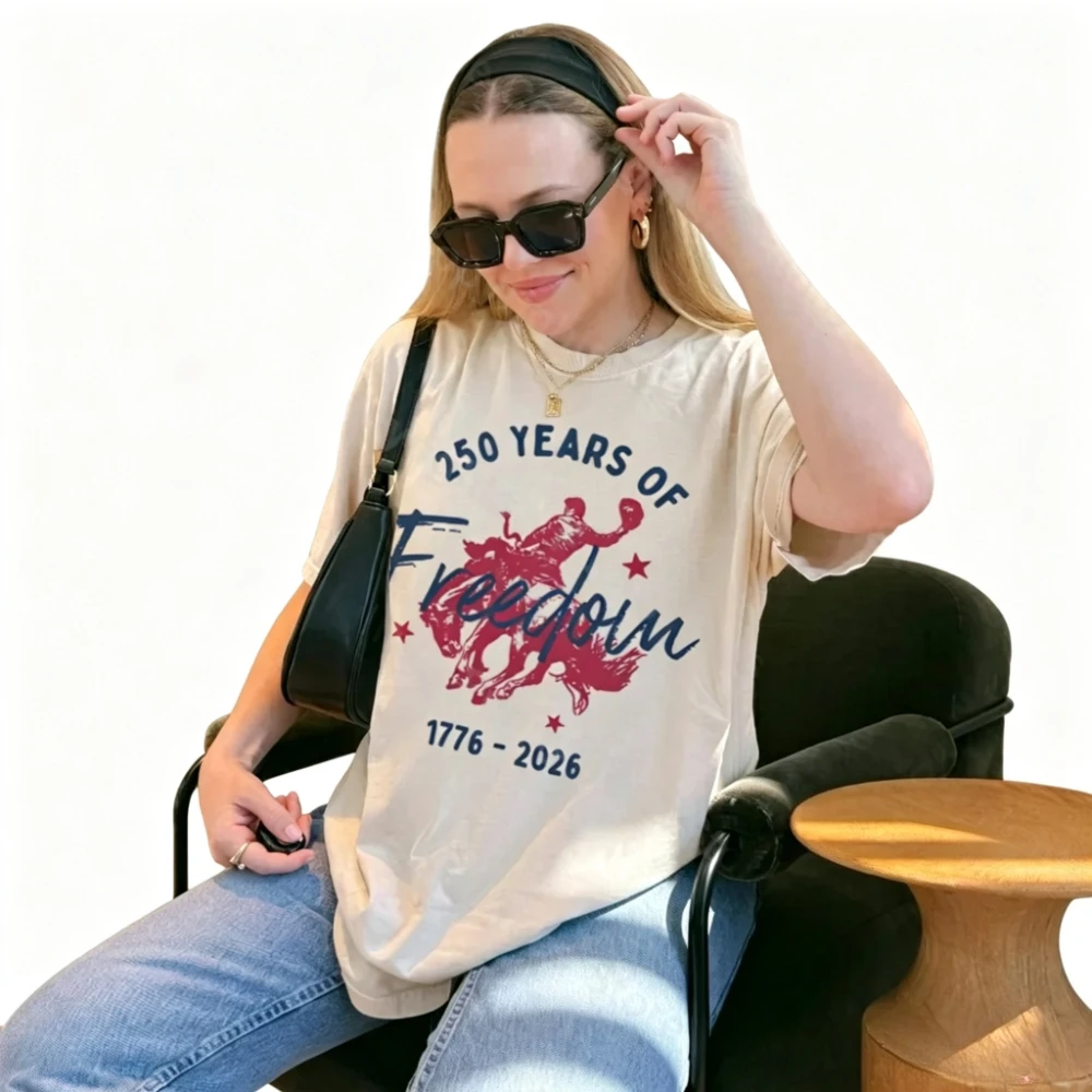 250th America Anniversary T-Shirts Vintage Patriotic 4th of July T Shirt Retro Cowboy Rodeo Graphic Tees Women Men Unisex Tops