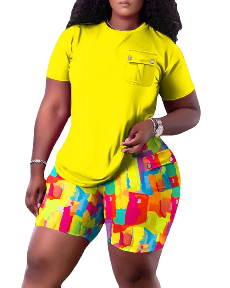 Summer Sexy African Women O-neck Short Sleeve Polyester 2 Pieces Top Short Pant Matching Sets S-3XL African Clothes for Women