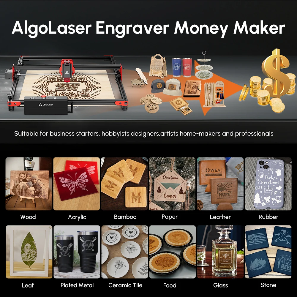 Imagem -06 - Algolaser Desktop Laser Engraver Kit Máquina de Corte de Gravura Proteção dos Olhos Faça Você Mesmo Metal Cortador de Madeira 400x400 mm 2w 5w 10w 20w