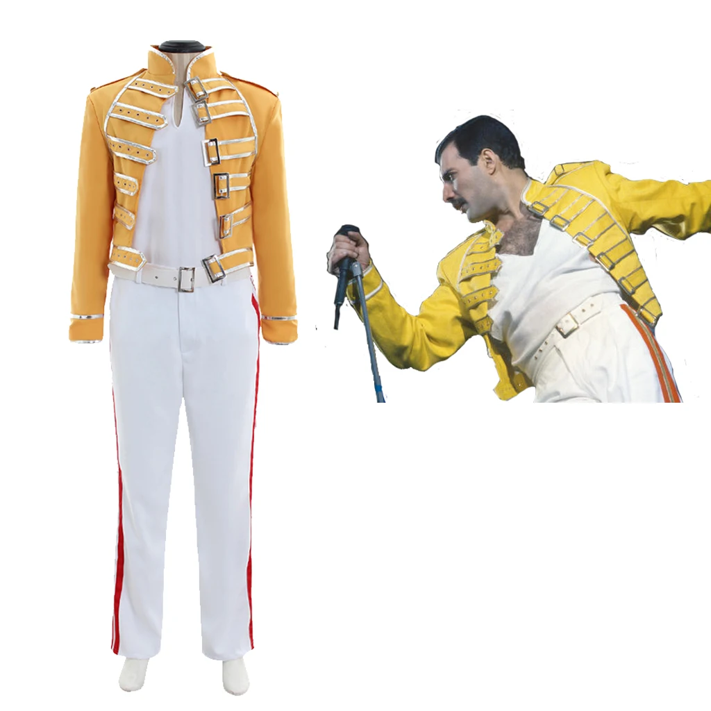 

Queen Lead Vocals Freddie Cosplay Mercury Costume Yellow Stage Suit Adult Men Freddie Stage Performance Uniform Costumes