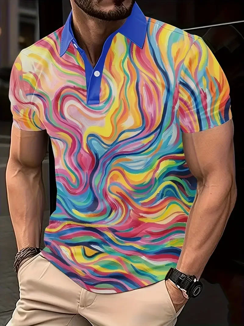 Novel Rainbow Colour 3D Printed Men's Polo Shirt Fashion Comfort Golf Tennis Blazer Summer Oversized Cool Men's Button Clothing