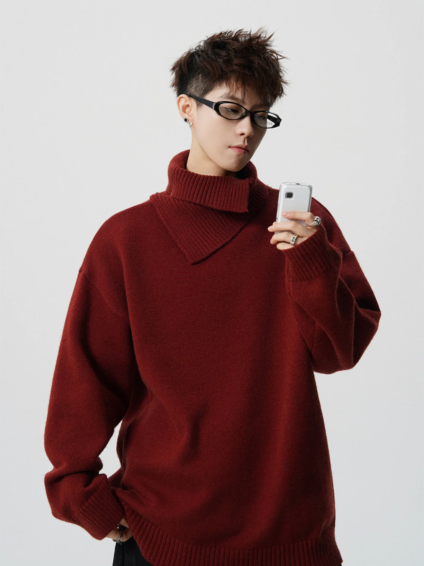

Red Knitted f High Collar Sweater Men's Faion Winter Top Asymmetrical Design Soft Comfortable Nylon Fabric for Casual Wear