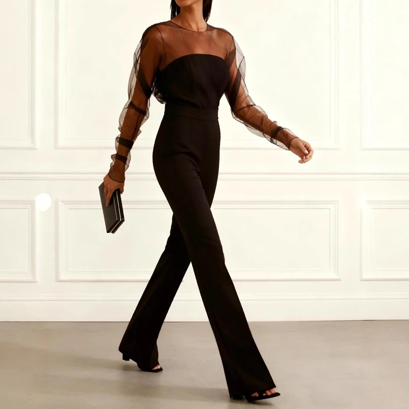 

Spring Summer New Women High Waist Spliced Rompers Elegant Slim Simple Commute Playsuit Trendy Mesh See-through Sleeve Jumpsuits