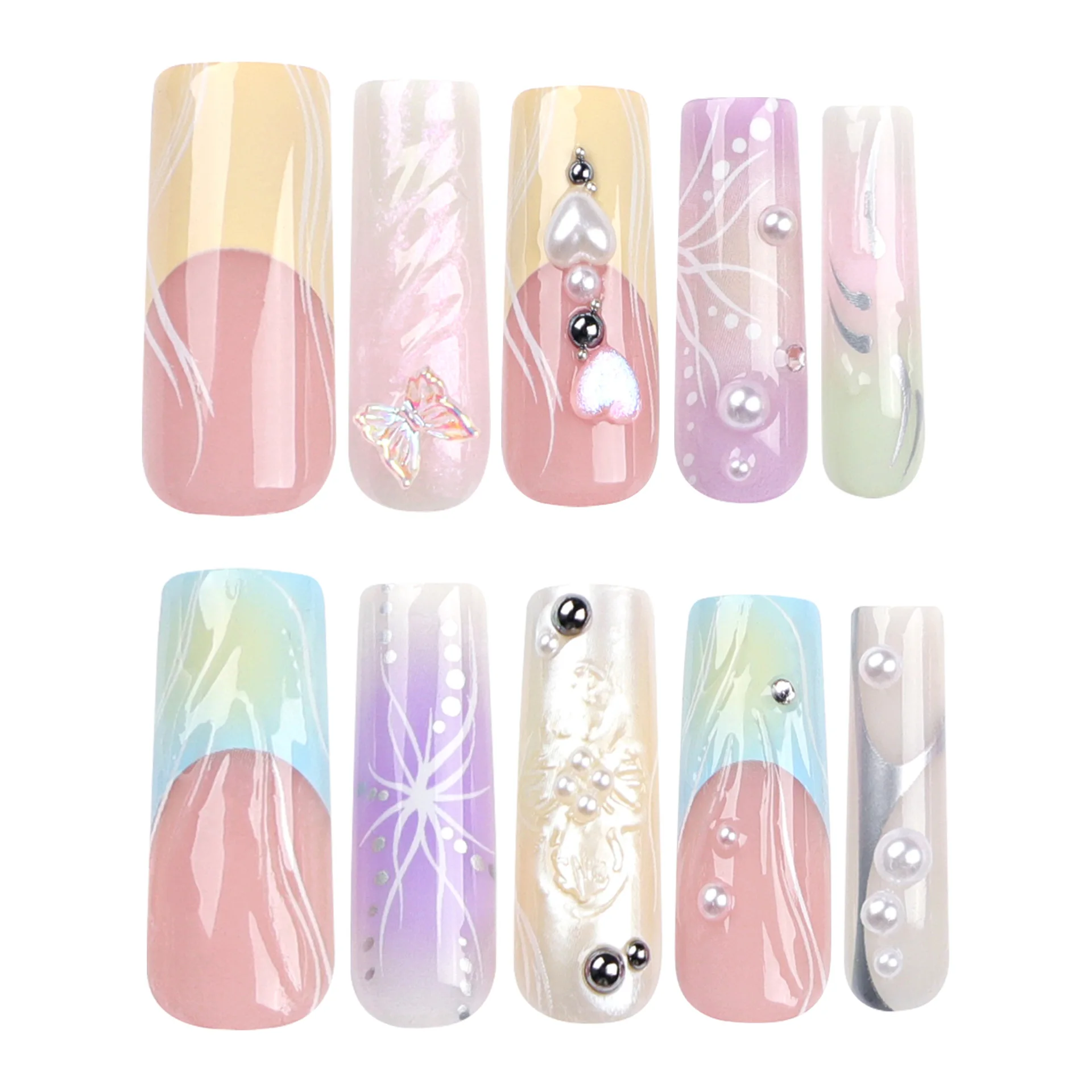 24PCS French 3D unghie finte colorate che indossano unghie artificiali sfumate Y2K Butterfly Square Nail Art con adesivo