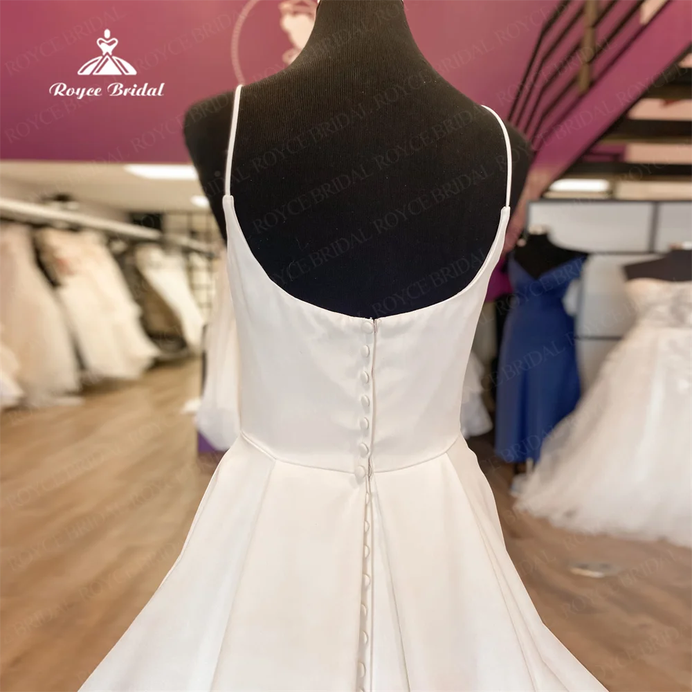 Vestido de casamento cetim com colarinho quadrado para mulheres, linha A simples, pulseira de espaguete, trem da corte, vestido de noiva